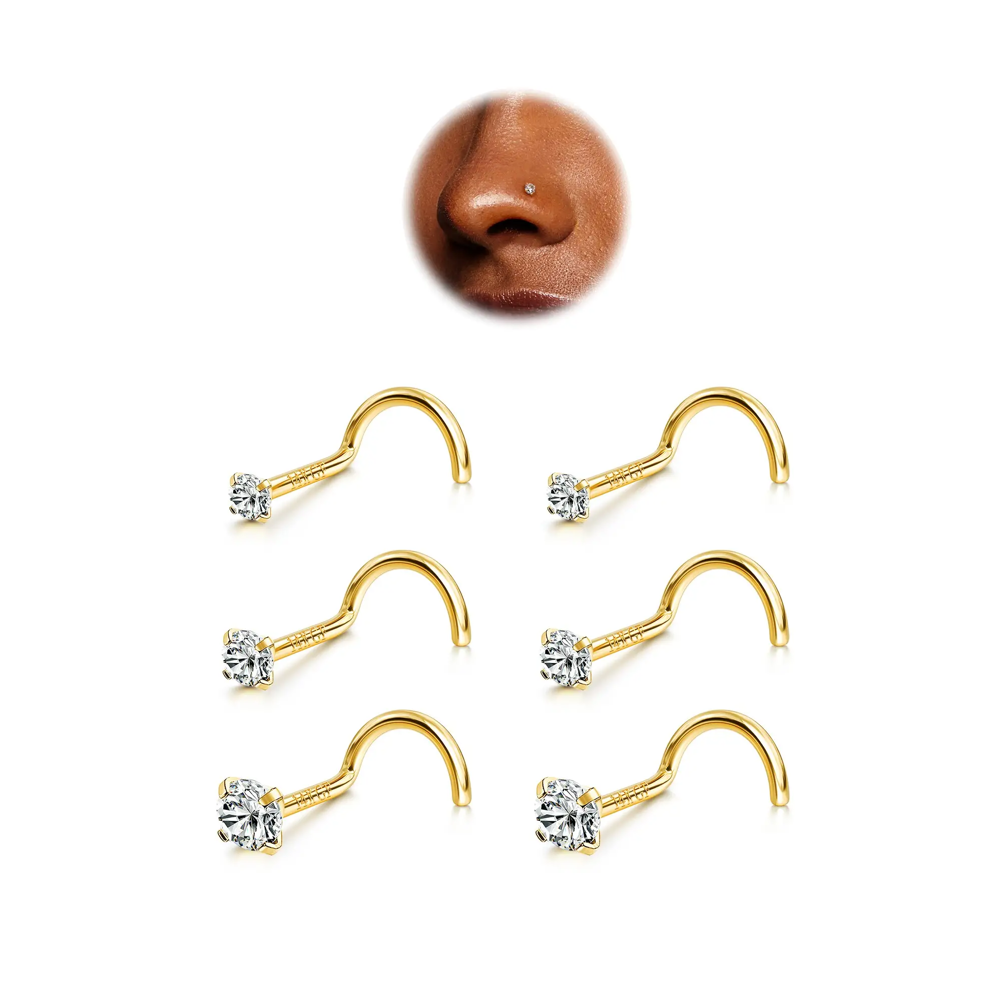 BodyBonita 6 Counts Nose Studs - 316L Surgical Steel Corkscrew Nose Rings 18G/20G/22G Nose Piercing Stud 1.5 mm 2 mm 3 mm CZ Screw Nose Rings Studs N