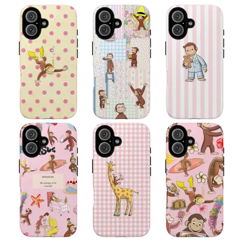 Cute Curious George Cartoon Monkey Durable Cover for iPhone 14 ProMax - Pink Animal Design, Crisp UV Print, Shockproof Polycarbonate TPU Drop-Cushion Protection, Cellphone Accessory for Women, Cute Phone Accessories