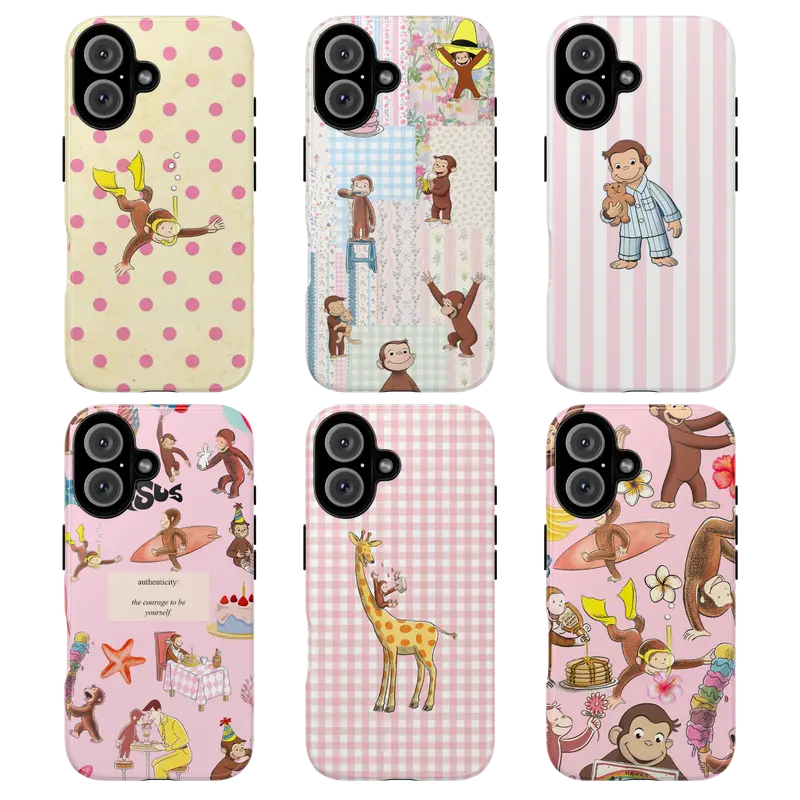 Cute Curious George Cartoon Monkey Durable Cover for iPhone 14 ProMax - Pink Animal Design, Crisp UV Print, Shockproof Polycarbonate TPU Drop-Cushion Protection, Cellphone Accessory for Women, Cute Phone Accessories