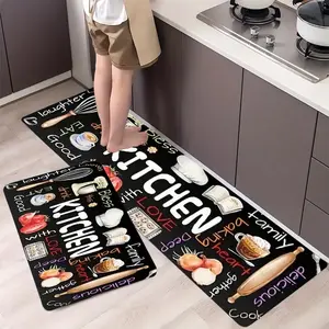 Kitchen Mat with Kitchen Utensil Print, Thick Polyester Fiber Rug, Suitable for Kitchen Living Room Porch Balcony Home Decor