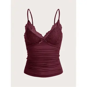 Elegant Solid Contrast Lace Ruched Cami Top slim fit casual wear