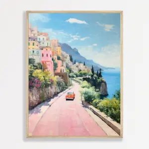 Italy Coastal Painting | Retro Amalfi Coast Italian Wall Art | Preppy Pastel Pink Aesthetic Decor