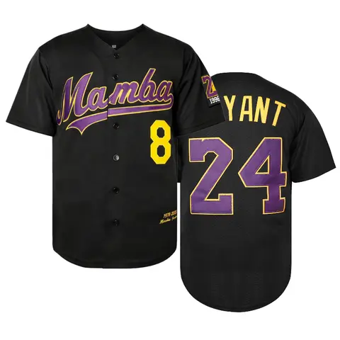 Men's Loose-Fitting Polyester V-Neck Button-Down Short Sleeve Shirt - Kobe-Inspired Baseball Embroidered Jersey with 24 Large Number Back, Athletic Top for Casual Wear, Hip Hop Performances, No