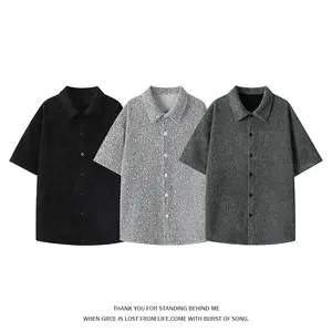 Summer slub loose-fit versatile casual shirt with a relaxed textured short-sleeve design and a turn-down collar