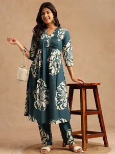 A-Line Teal Floral Printed Cotton Stitched Kurta Set