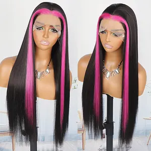 QD-Tizer Pink Skunk Stripe Hair wig Pink and Black Color Wigs 13x4 HD Glueless Synthetic Lace Front Wigs Heat Resistant Fiber 28 inches