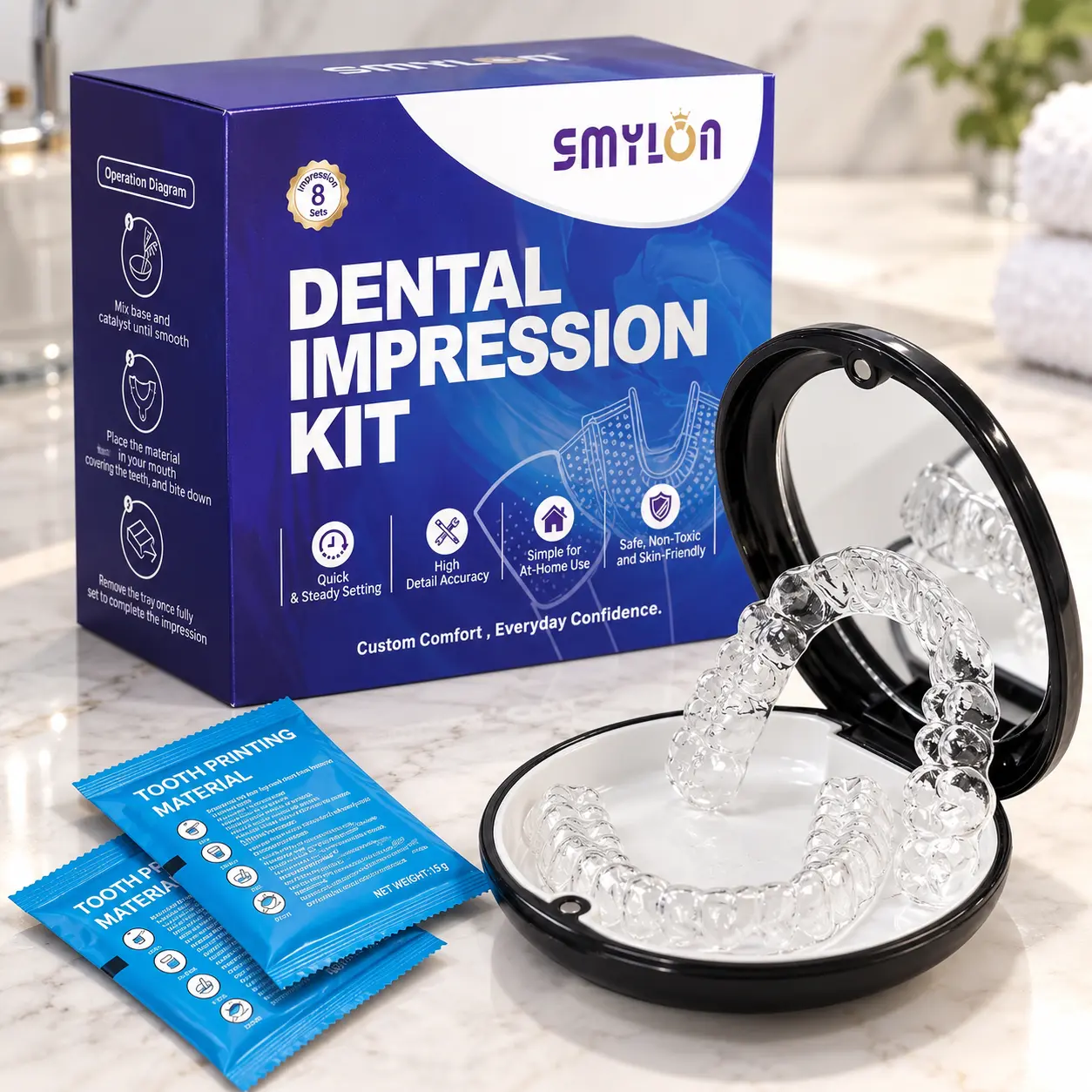 SMYLON Custom Clear Retainers for Teeth, Upper & Lower Replacement Retainer Set, BPA-Free Nearly Invisible, Home Impression Kit for After Braces
