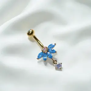 Aqua Blue Marquise Gem Belly Ring, Dangle Gem Gold Belly Button Ring