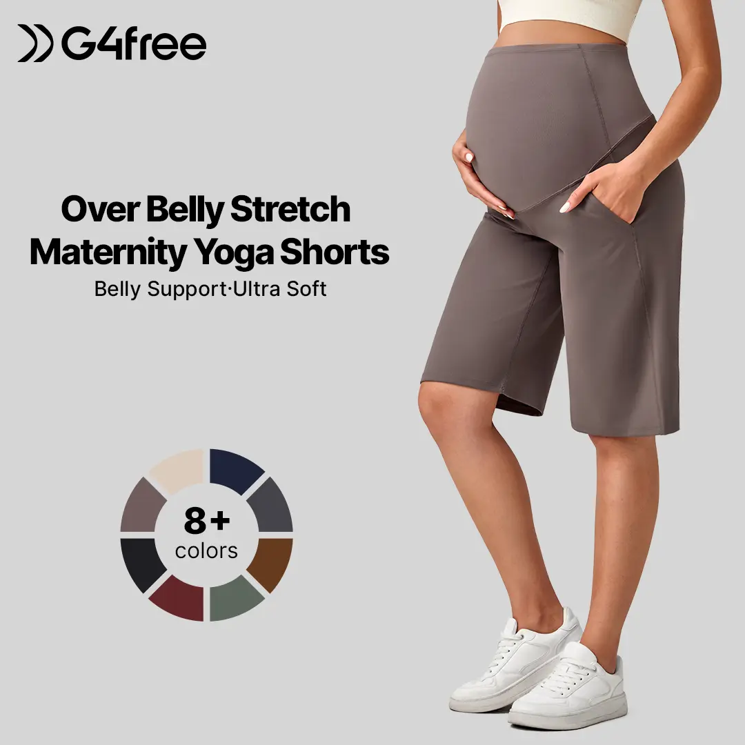 G4Free Maternity Athletic Shorts with Pockets Over The Belly Stretchy Workout Pants Pregnancy Wide Leg Bermuda Casual