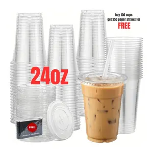 Unicup [100 Sets 24oz] Clear Plastic Cups with lids  Plus 250ct Paper Straws for FREE Disposable Prop