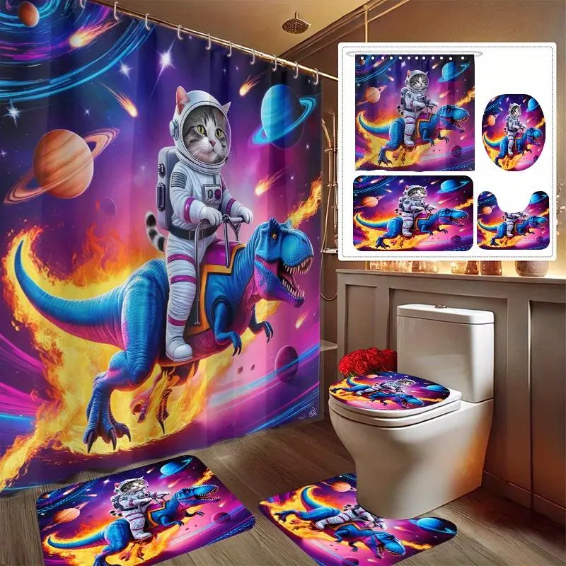 1/4pcs Cat Riding Dragon Shower Curtain Set, Bathroom Decoration Set Includes 2D Flat Printed Shower Curtain, Non-Slip, Toilet Lid Cover, Bathroom And 12 Plastic Hooks, Bathroom Additions, Home Decoration, Dorm Decoration