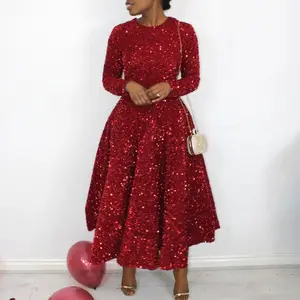Summer Autumn Clothes Luxury Sequined Dresses for Women Round Neck Full Sleeve High Waisted Pleated Ankle Length Elegant Birthday Party Dinner Dress