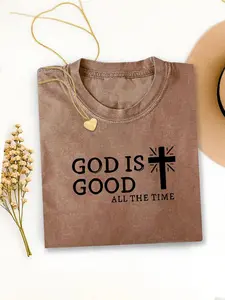Women'S Heavyweight 100% Vintage Washed T-Shirt | Loose Oversized Christian Faith Statement with "God is Good Forever" and Cross Pattern, Coffee Brown