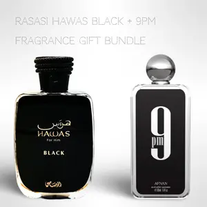Rasasi Hawas Black + 9PM 100ml (3.4 Fl oz) Long Lasting Perfume - Value Bundle - Fragrance Gift Bundle, Fresh, Formal Events