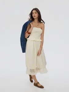 Cider Chiffon Strapless Smocked Waist Lace Trim Barrel-leg Capri Jumpsuit