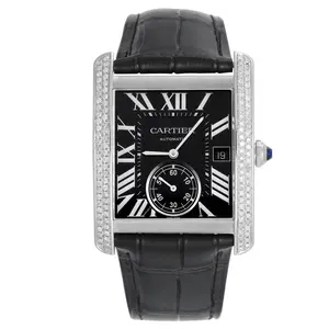 Cartier Tank MC W5330004 Automatic Stainless Steel Aftermarket Diamond Bezel Black Dial Black Leather Strap Men's / Large Watch WHP042396