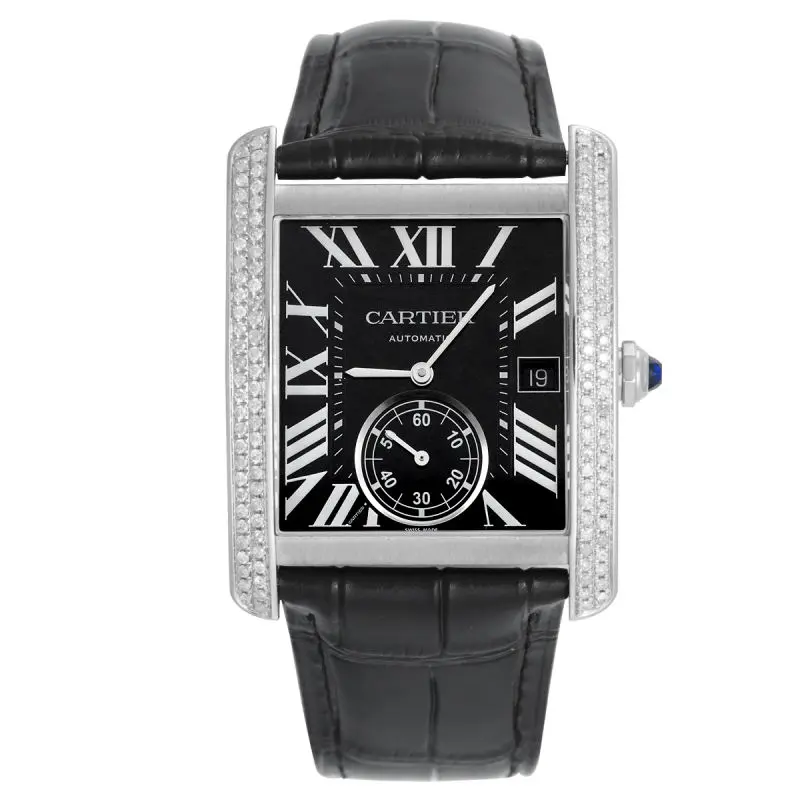 Cartier Tank MC W5330004 Automatic Stainless Steel Aftermarket Diamond Bezel Black Dial Black Leather Strap Men's / Large Watch WHP042396