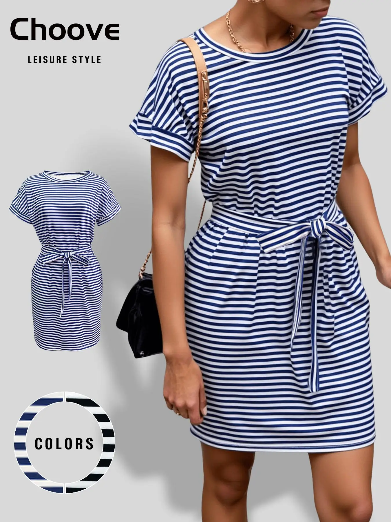 Women's Striped Print Tie Front Dress, Summer Outfits 2024, Summer Clothes Women, Casual Pocket Short Sleeve Knee Length Dress for Summer, Women's Clo