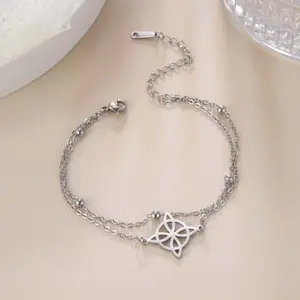 Double Witch Knot Bracelet with Beaded Chain Stainless Steel Silver Non-Fade Women's Jewelry
