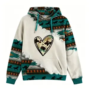 Women's Casual Long Sleeve Hooded Sweatshirt with Ethnic Aztec Geometric Print Patchwork Design, Drawstring Hood, Kangaroo Pocket, Soft Fleece Lined Pullover Top for Fall Winter
