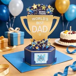 Father’s Day 3D Pop Up Card – Best Dad Trophy Greeting Card, Gold Foil Luxury Handmade Card for Dad, Creative Surprise Gift Card for Father