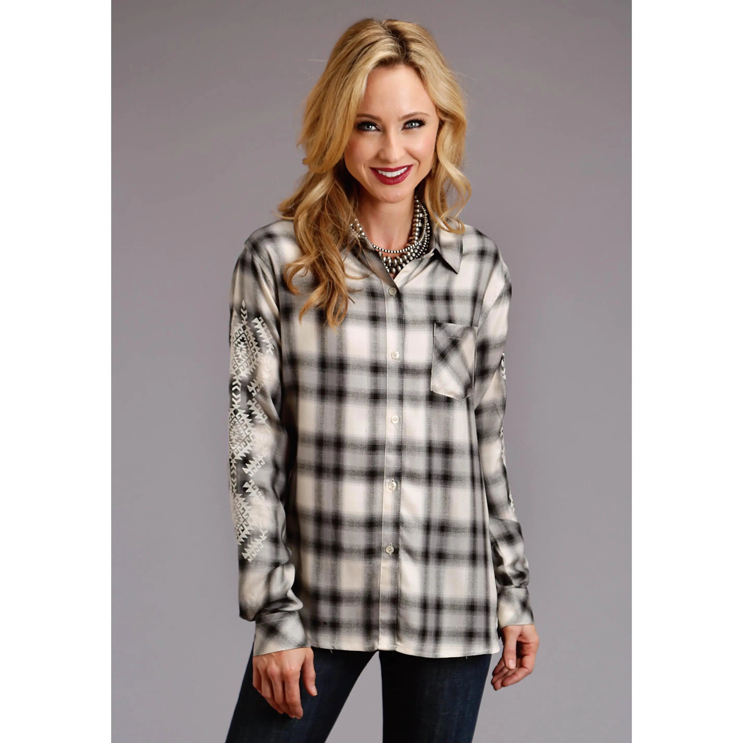 Stetson Ash Plaid Button Up Long Sleeve Blouse w/ Embroidery