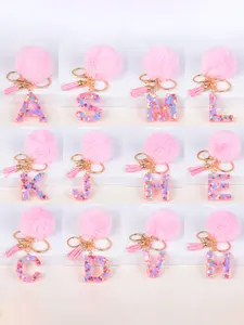 Women's Faux Fur Letter Fuzzy Keychain A-Z Initials Metal Crystal Drip Glitter Stone Gold Foil Capital Charm Bag Purse Gift Pendant