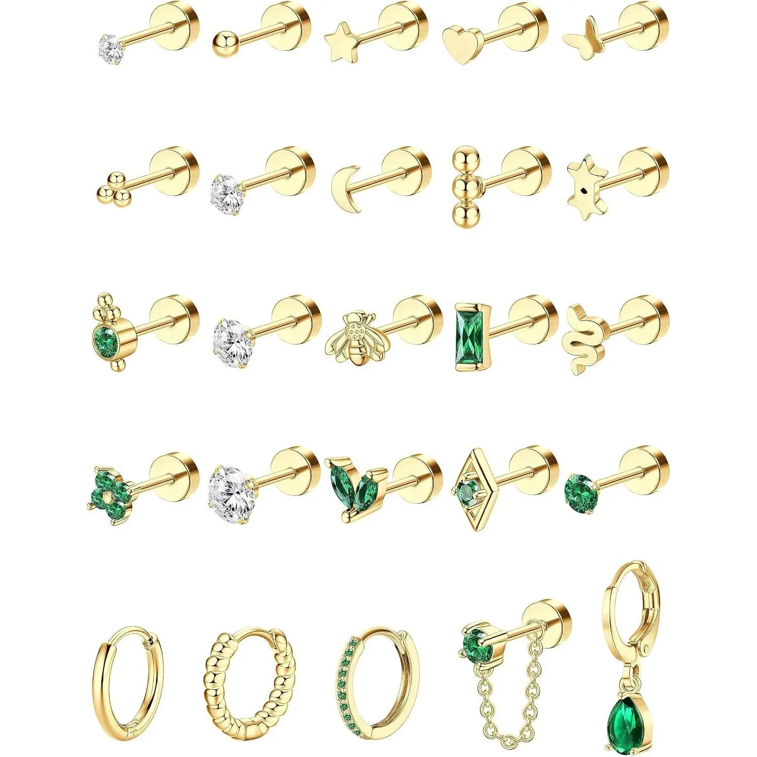YADOCA 25 PCS Earrings for Women Hypoallergenic Surgical Steel Earrings for Sensitive Ears 20G Small Stainless Steel Flatback Stud Hoop Cartilage Earring Set for Multiple Piercing Helix/Tragus/Conch