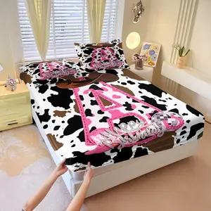 3pcs Fitted Sheet Set: Western Cowgirl Birthday Theme Fitted Sheet Set, 3-Piece Bedding Set Including 1 Fitted Sheet + 2 Pillowcases. Featuring Vibrant Pink Letter "A", Cowboy Hat & Glitter Accents on Cowhide Pattern. Soft, Breathable. No Filling.