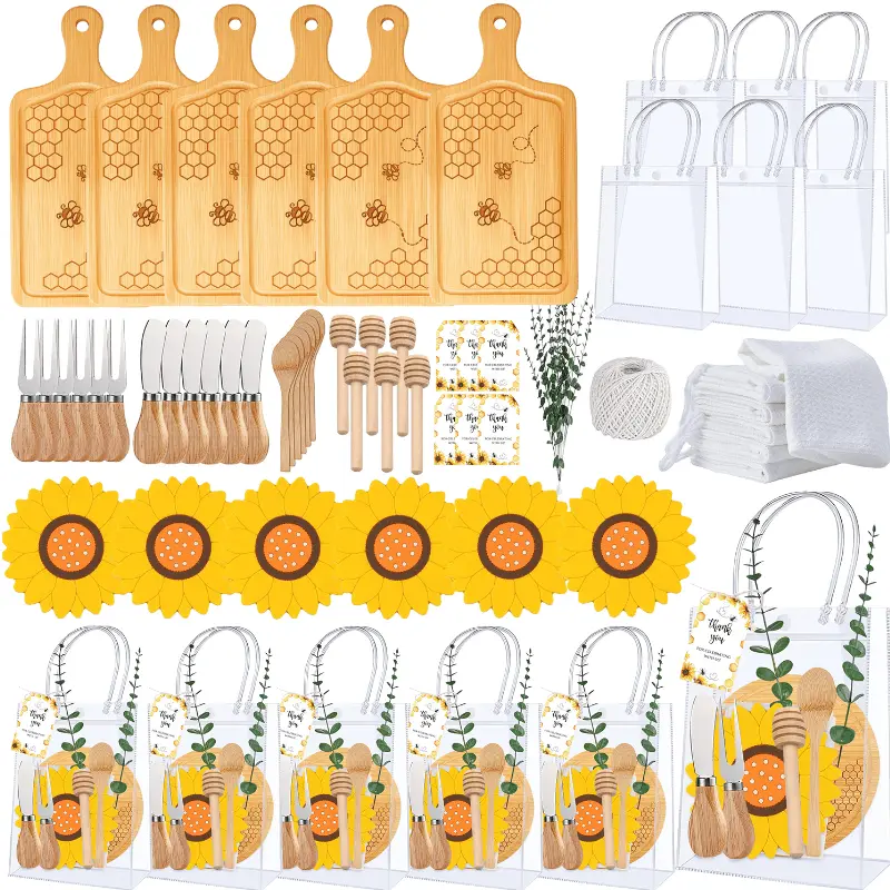 67 Piece Bee Themed cheese board Set Baby Shower Prize  With Knife, fork, honey stick, gift bag ,Thank You card  for Couple Guest,Bridal Shower Baby Shower Party Decorations,Anniversary Birthday Wedding Gifts