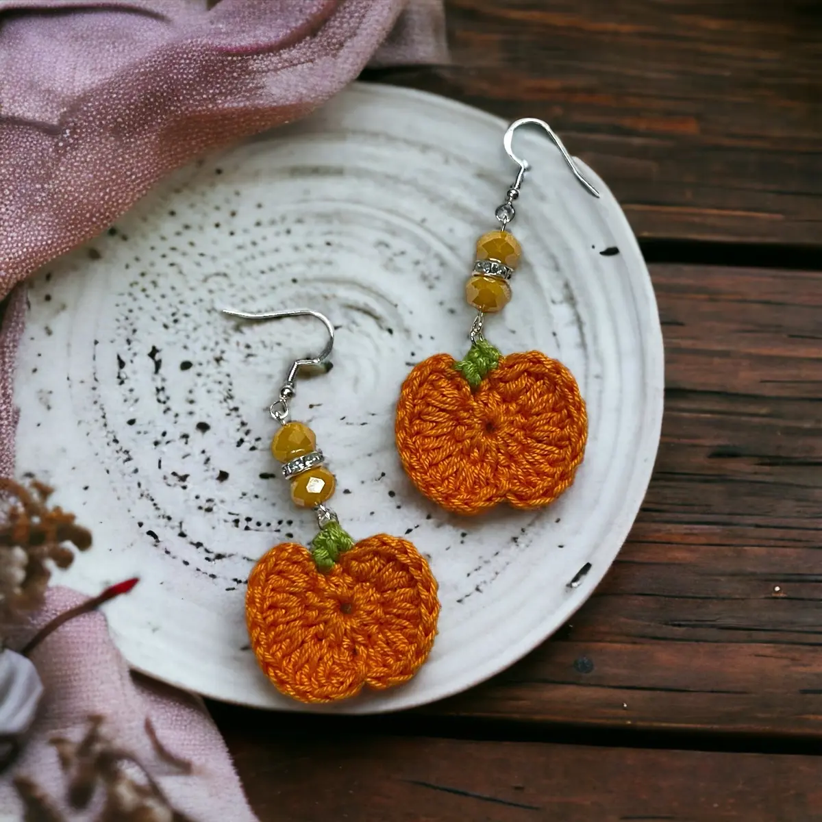 Handmade Crochet Pumpkin Earrings for Halloween and Holidays