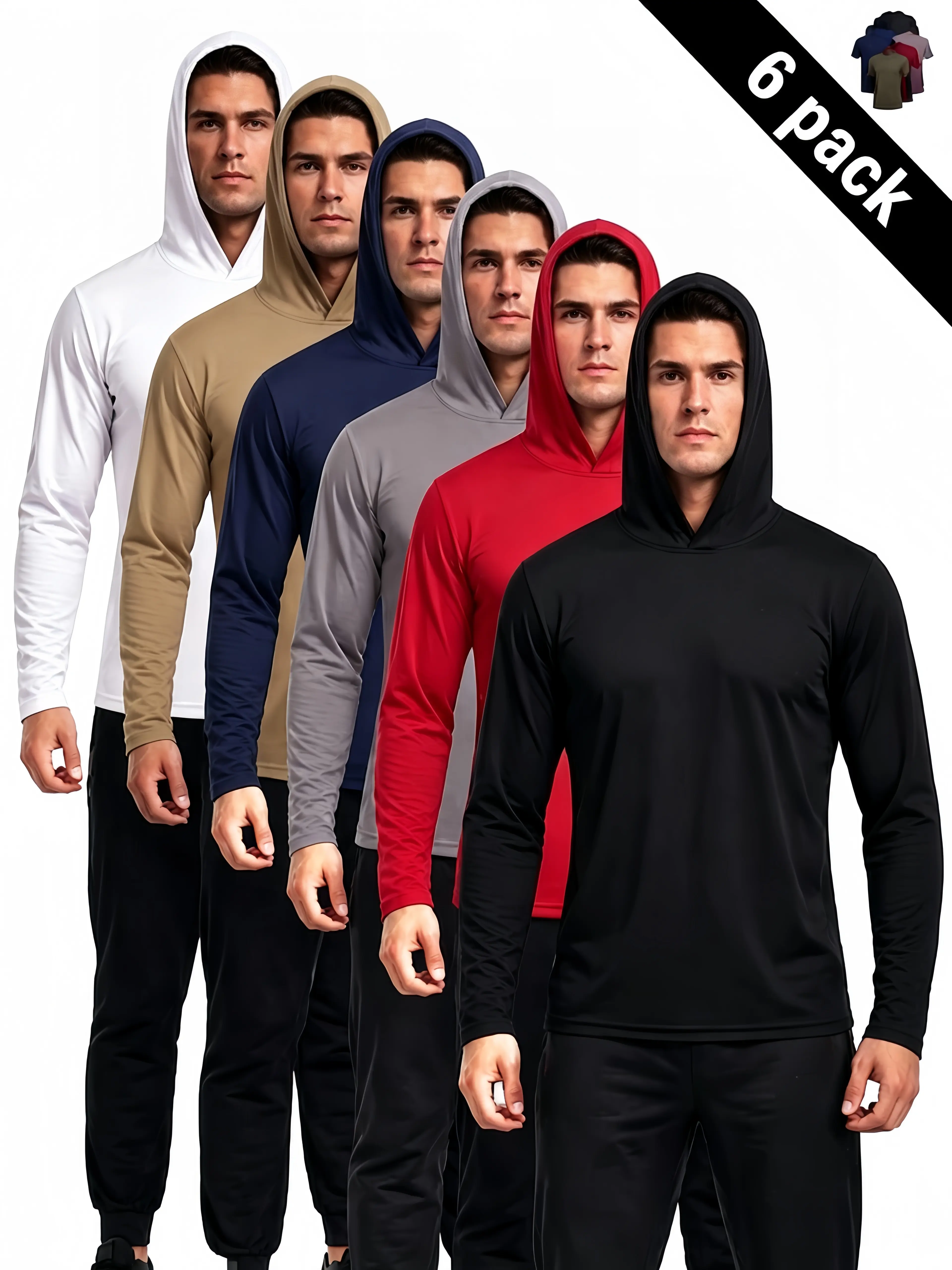 6 Pack Men's Dry Fit Athletic Shirt Long Sleeve Fishing Hoodies Workout Tops For Men Sun Protection Lightweight Rash Guards for Workout Running Cycling Gym Fishing Outdoor Sports all season,travel essentials,camping essentials,cooling shirts