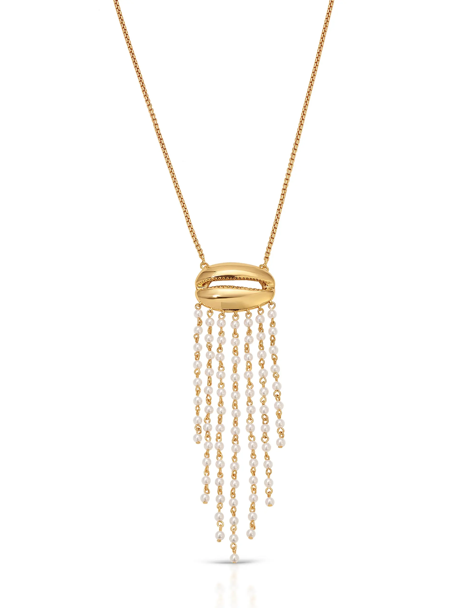 Ettika Mykonos Shell Necklace – 18k Gold Plated Brass Necklace with Acrylic Pearl and 4.75" Shell Pendant, 28" Adjustable Length