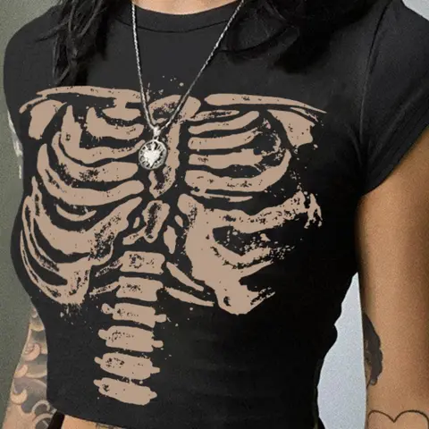 Women's Vintage Statement Graphic Skeleton Print Round Neck Tee, 1 Piece Fashion Streetwear Casual Short Sleeve Fabric T-shirt, Casual Trendy Tee, Bone Print Tee, Fit for Daily Holiday Vacation Outdoor Wear, Ladies Clothes for All Seasons, Top, Womenswear