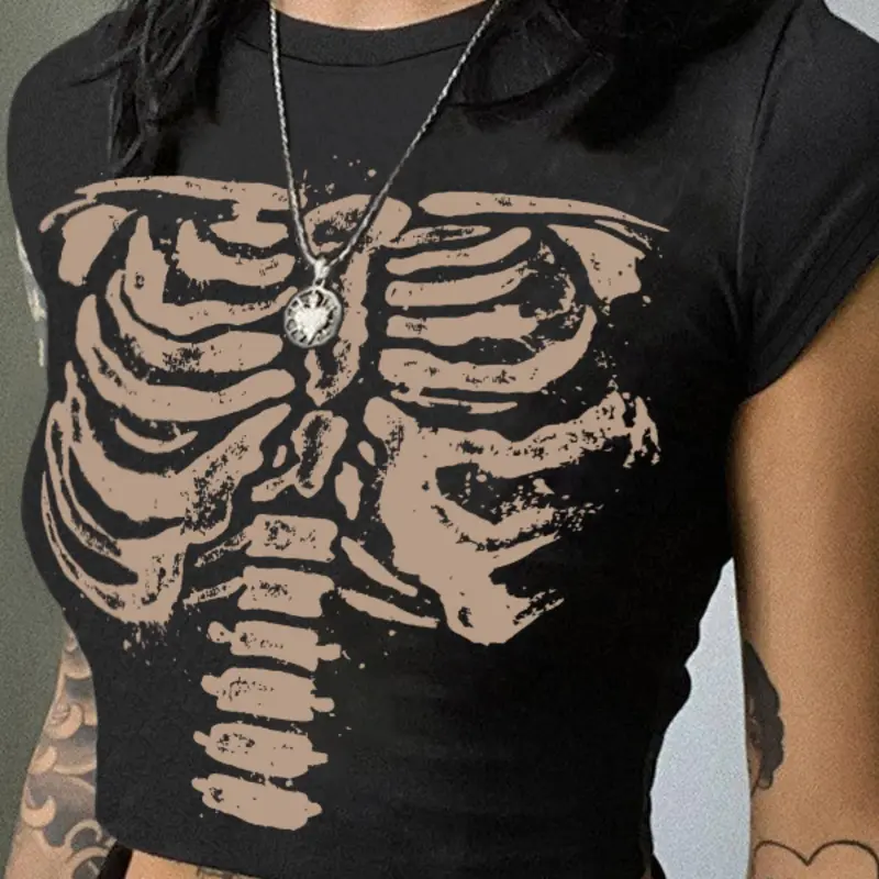 Women's Vintage Statement Graphic Skeleton Print Round Neck Tee, 1 Piece Fashion Streetwear Casual Short Sleeve Fabric T-shirt, Casual Trendy Tee, Bone Print Tee, Fit for Daily Holiday Vacation Outdoor Wear, Ladies Clothes for All Seasons, Top, Womenswear