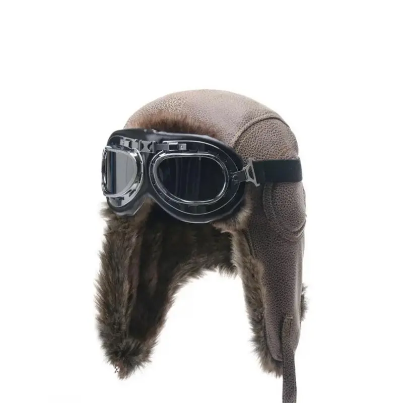 Camel Leather Pilot Hat Set with Goggles, Windproof Ear Protection & Protective Gear, Winter Fashion Accessory for Motorcycle Riding & Outdoor Activities