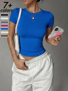 Women's High Elastic Seamless Fitted Short Sleeve T-Shirt, Yoga Wear Casual Quick Dry Fitness Top, Running Sportswear