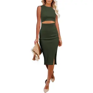 PRETTYGARDEN Women's Summer Midi Bodycon Dresses Casual Crew Neck Side Slit Sleeveless Knit Cut Out Tank Top Dress