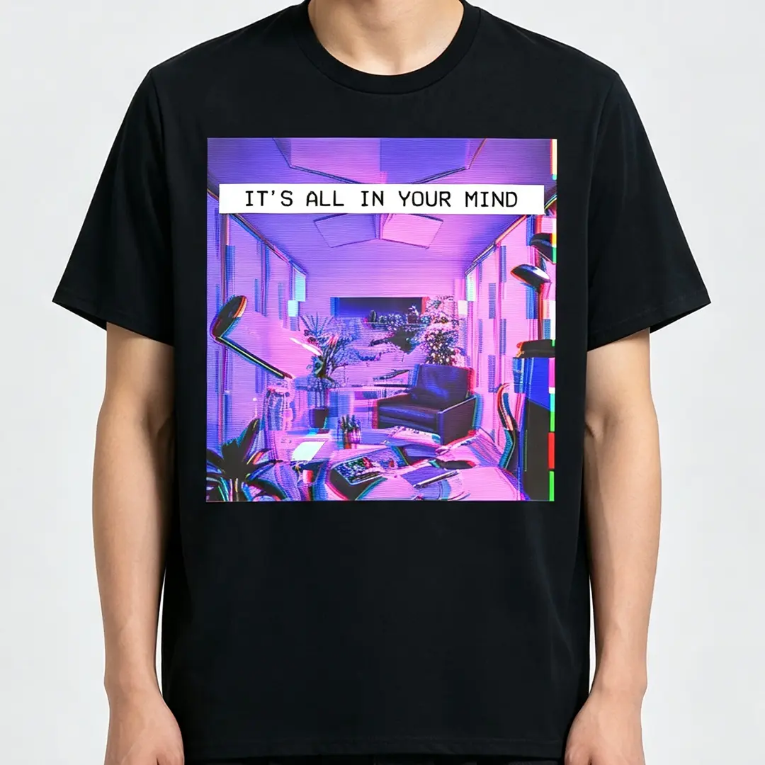 Retro Vaporwave Glitch Art Graphic T-Shirt, Surreal Interior Scene "It’s All In Your Mind" Printed Cotton Short Sleeve Crewneck Tee, Everyday Casual Top for Fans of Synthwave and Surreal Aesthetic Designs, All Seasons, Christmas