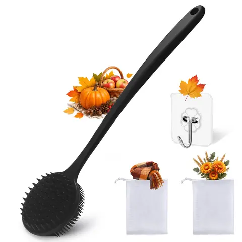 Silicone Body Scrubber Shower Cleaning Brush for Men - Dual-Sided Exfoliating & Massage Bath Accessory with Long Handle, Hangable, Rich Lather, Includes 1 Hook & 2 Lather Balls, Personal Cleaning (Black)