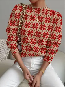 Women's Snowflake Geometric Pattern Knit Sweater, Autumn Winter Casual Stand Collar Long Sleeve Top, Comfortable & Warm Knitted Apparel