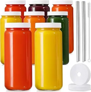 [ 8 Pack ] Glass Juicing Bottles with 2 Straws & 2 Lids w Hole- 16 OZ Travel Drinking Jars, Water Cups with White Airtight Lids, Reusable Tall Mason Jar for Juice, Bubble Tea, Smoothie, Tea, Kombucha Steel Box
