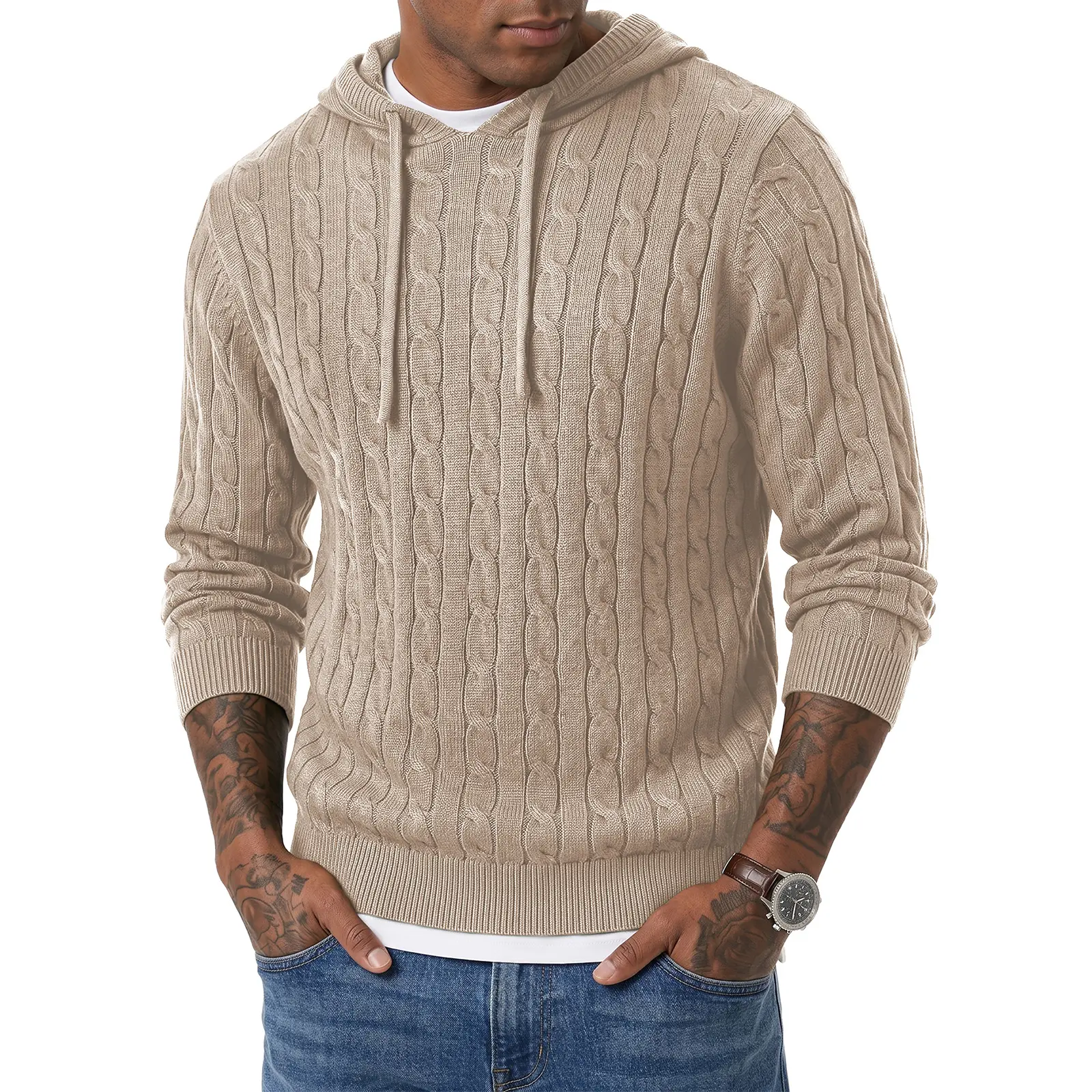 JMIERR Mens Hooded Collar Cable Knit Pullover Sweaters | Drawstring, Soft Touch, Twist Texture Knitted, Long Sleeve, Machine Washable, Casual, Fall, Winter