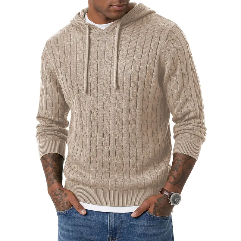 JMIERR Mens Hooded Collar Cable Knit Pullover Sweaters | Drawstring, Soft Touch, Twist Texture Knitted, Long Sleeve, Machine Washable, Casual, Fall, Winter