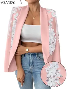 "ASANDY Elegant Formal Blazer - Customized Style with Intricate White Floral Lace & Sequin Embroidery | Sparkly Crystal-Accented Flower Decor, Perfect for Party/Gala/Chic Daily Outfits All-Season Glam" oversize