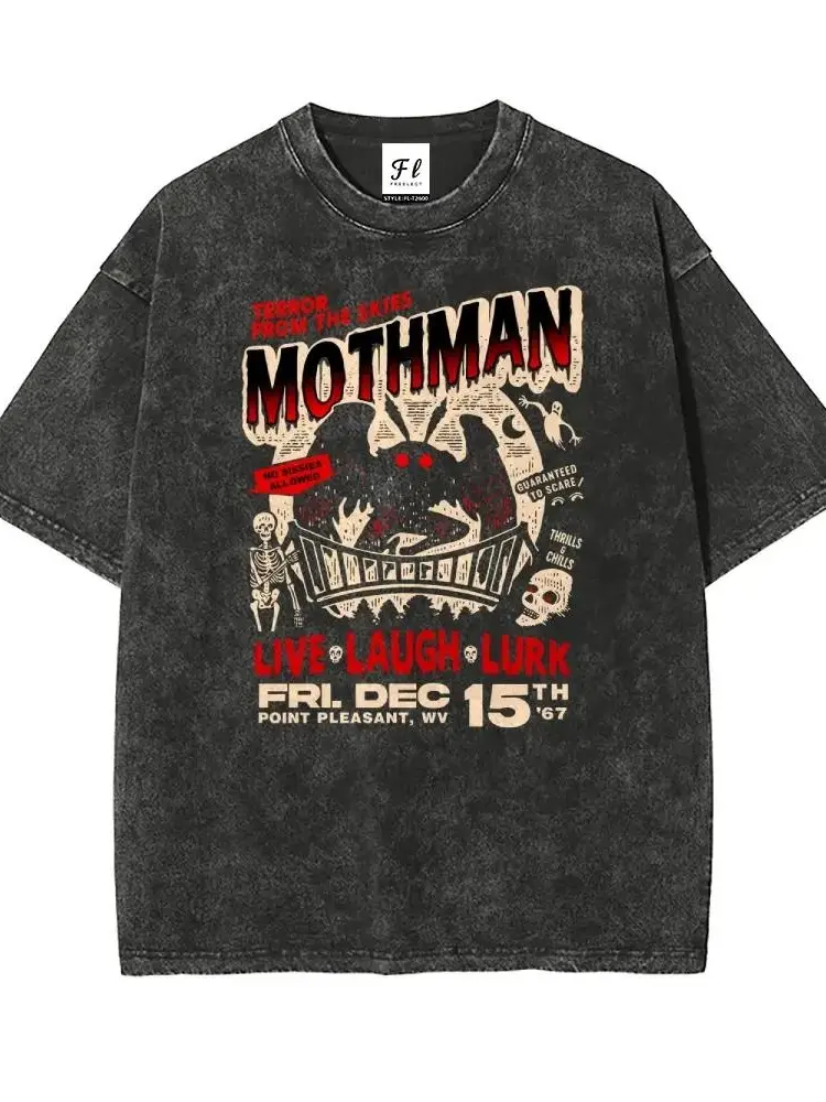 100%cotton Men's Casual Round Neck Short-Sleeve T-Shirt, Mothman Point Pleasant WV Retro Cryptid Terror Graphic, Unisex Washed Batik Cotton Stretch Fabric, Pre-Shrunk Super Soft Vintage, S-3XL Streetwear,summerwins,father'sdaygifts