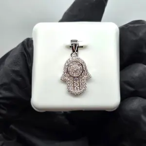 925 Sterling Silver Hand of Hamza Charm Pendant with Moissanite