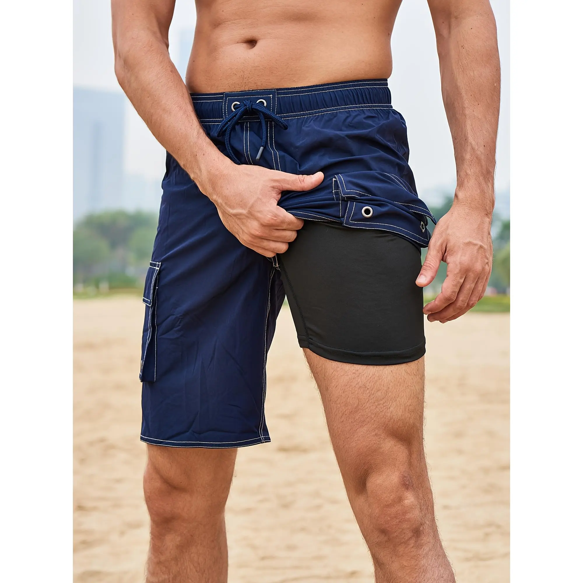 Men's Quick-Dry Swim Trunks, Casual Nylon Beach Shorts with Flap Pockets for Outdoor Swimming and Vacations, Men's Swim Trunks