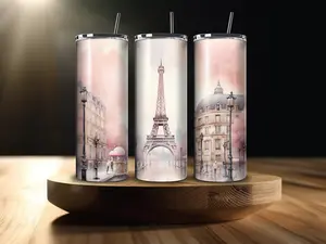 20 OZ Streets of Paris Eiffel Tower Stainless Steel Tumbler W/ Straw