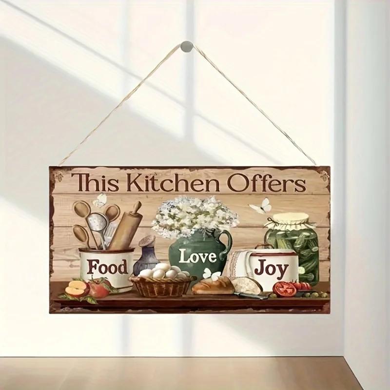 Rustic Wooden Kitchen Wall Decor Sign - "This Kitchen Offers Food Love Joy" Hanging Plaque with Cooking and Floral Illustrationcan be customized with your own designcan be customized with your own design